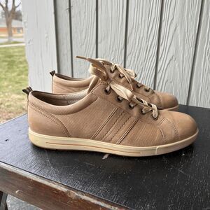 ECCO Men's Beige Leather Sneakers Size 42 Casual Lace-Up Comfort Shoes